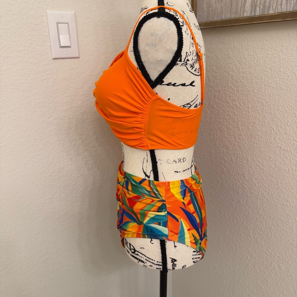 NWOT 2pc high waisted tummy control Orange print swimsuit sz M - Picture 5 of 9